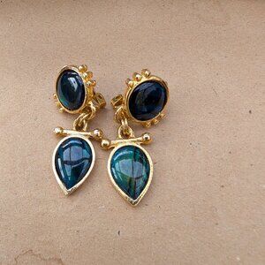 Vintage Peacock Blue & Green Swirl Enamel Clip-on Drop Earrings
